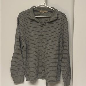Grey striped sweater with partial zip front